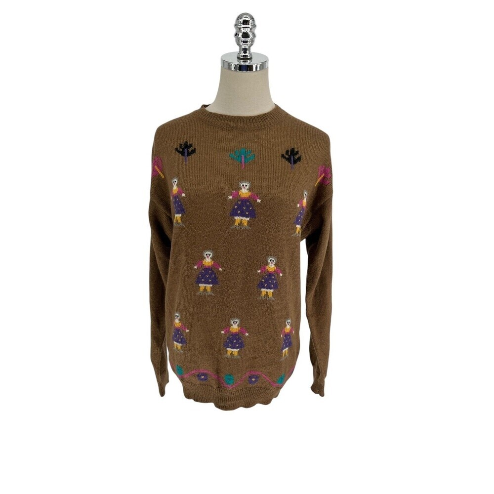 Jantzen Sweater Women's Size Small Brown Folk Art Dolls Novelty Print 80s